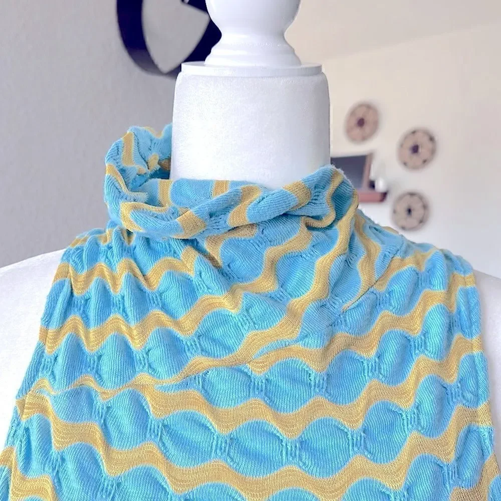 NWOT Free People Mock Neck Sleeveless Wavy Stripes Blue Mustard Tank Racer Back